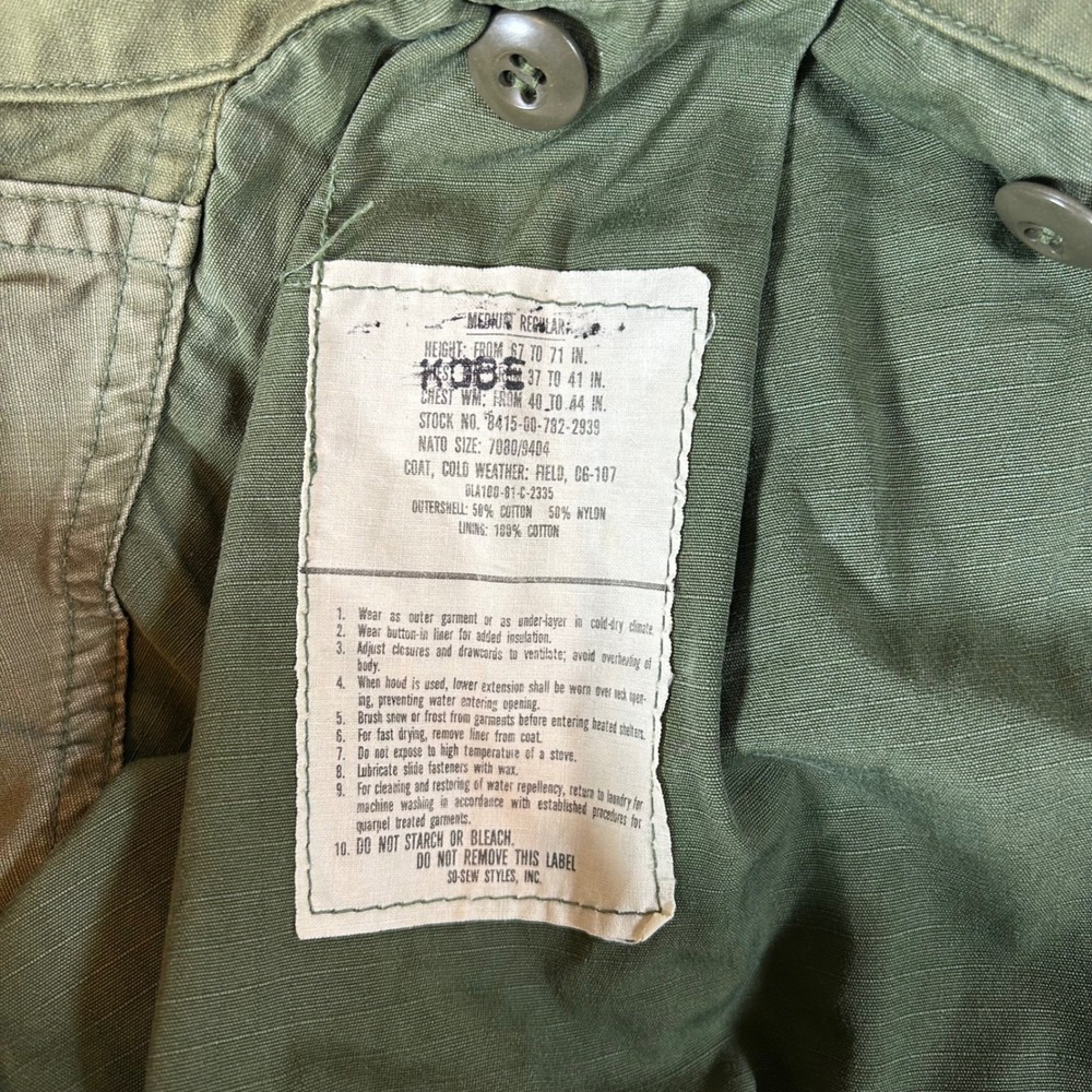 US Military M65 Field Jacket OG-107 Men Medium Reg w/Liner Cold Weather Coat 80s - Picture 4 of 10